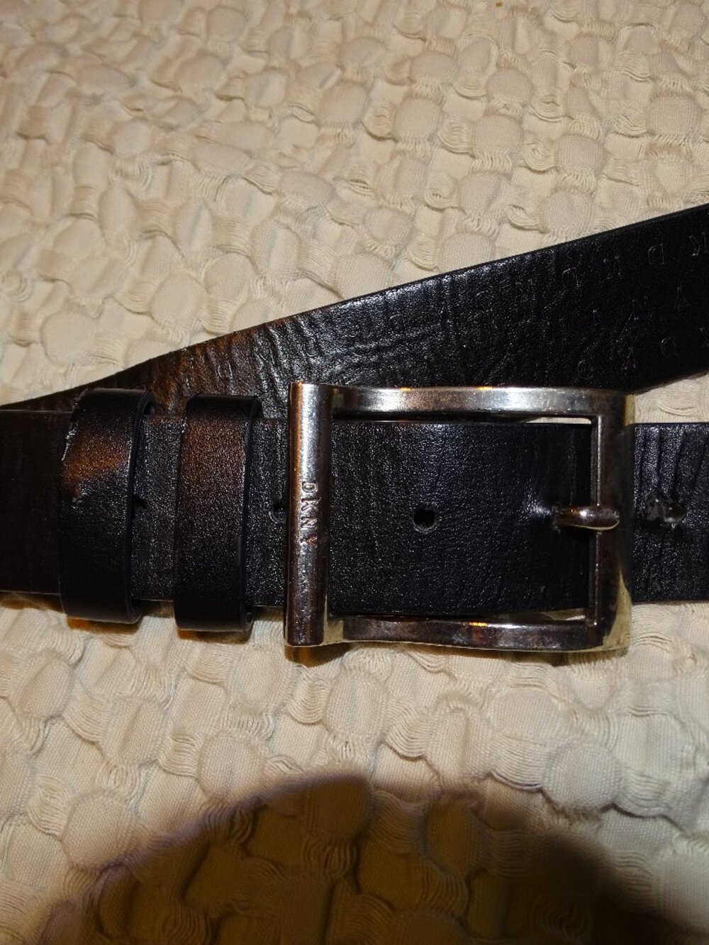 DKNY Black Leather Belt Silver Logo Buckle Embossed Monogram Size M/L